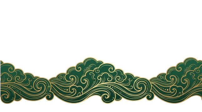 Traditional chinese style green and gold wave pattern isolated on transparent background