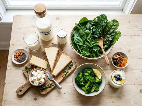 Calcium rich foods including milk cheese and leafy greens arranged 