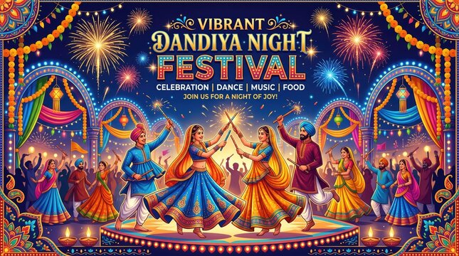 Vibrant dandiya night festival celebration with traditional dancers and fireworks luxury gold vintage frames and ornate borders set