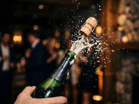 New year celebration with champagne cork popping and sparkling wine 