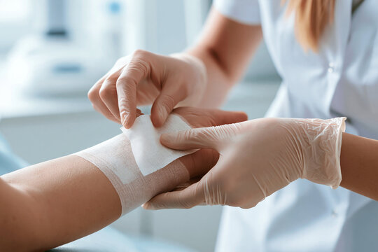 Medical team carefully placing sterile gauze compress on patient arm during treatment in hospital.