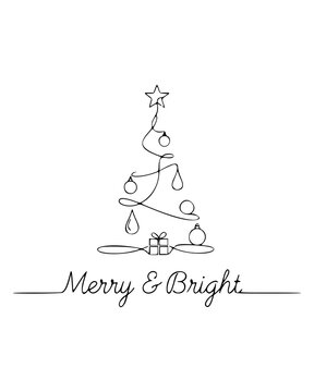 Continuous Line Christmas Tree with Star, Ornaments and Merry & Bright