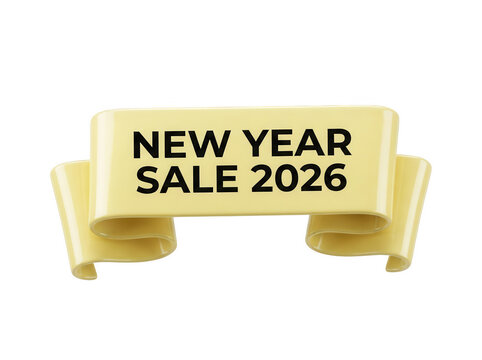 New Year Sale 2026 yellow curved ribbon banner isolated on transparent