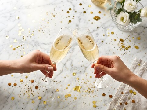 New year celebration with two hands clinking champagne flutes over 