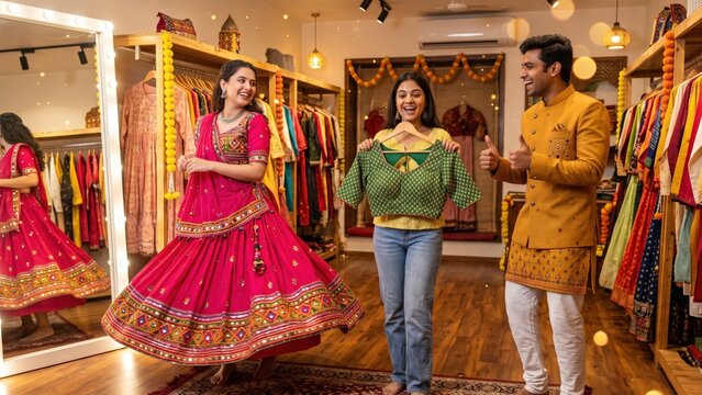 Friends Trying Chaniya Choli Outfits at Boutique &ndash; Navratri Festival Shopping