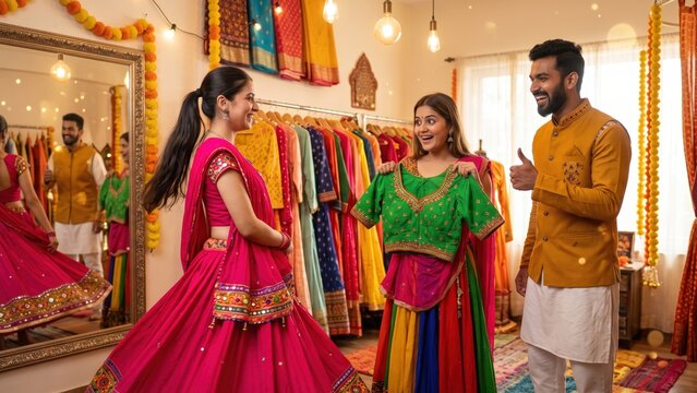 Friends Trying Chaniya Choli Outfits at Boutique &ndash; Navratri Festival Shopping