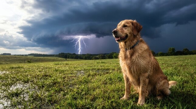 Golden Retriever Dog Sits in Field Under Lightning Storm