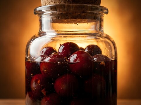 Brandied cherries preserved in a glass jar with a cork stopper 