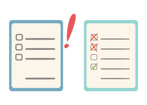 Two task sheets showing unchecked and completed items with an exclamation mark, representing planning, organization, productivity, and task management.