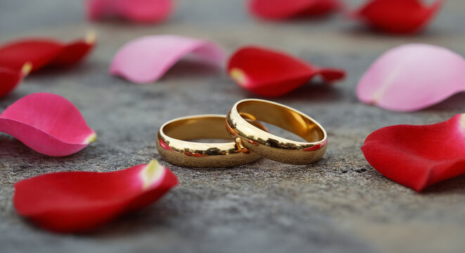Gold Wedding Rings with Rose Petals
