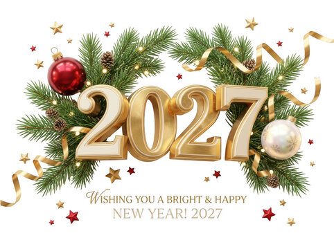 Golden 2027 numbers with fir branches and christmas decorations isolated