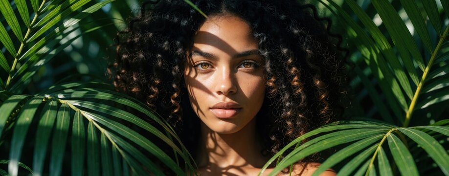 Beautiful black woman with curly afro hair poses among tropical green palm leaves. Exotic jungle plants create natural shadows on face. Pretty african model enjoys summer nature in rainforest. Young
