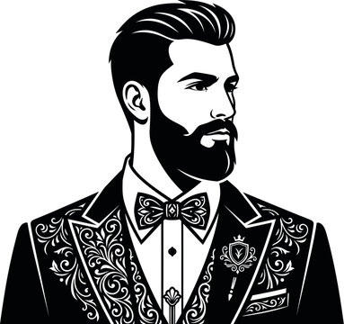 Man vector illustration in tuxedo with ornate decorative patterns