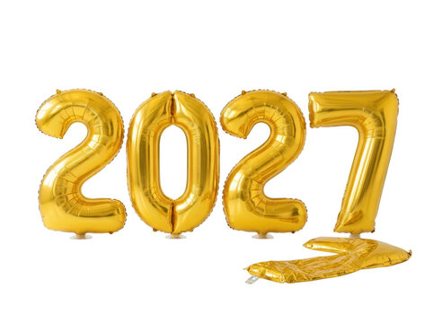 Shiny gold 2027 balloons isolated on transparent background