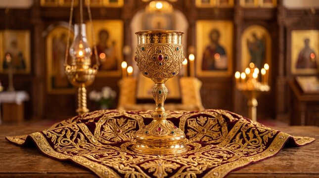 Golden chalice and liturgical cloth in an orthodox church interior