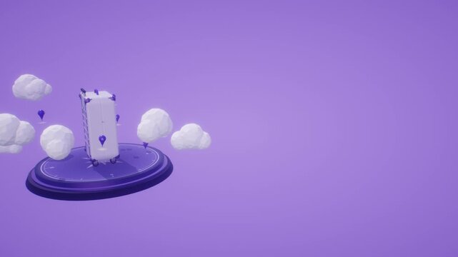 White suitcase standing with location map pins and low poly clouds on a purple pedestal in a 3D animation