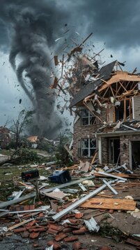 Tornado destruction of suburban home and neighborhood debris