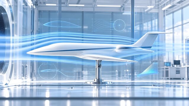 Futuristic white airplane model undergoing aerodynamic testing in a modern wind tunnel with digital airflow lines