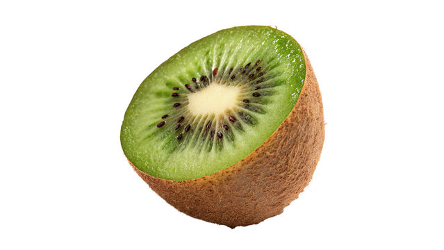 Fresh ripe kiwi fruit cut in half showing green pulp isolated on transparent background