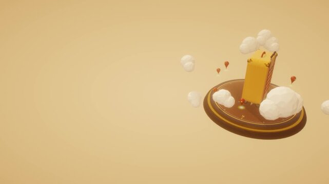 Yellow retro suitcase placed on a compass base surrounded by low poly clouds and map pins in a 3D animation