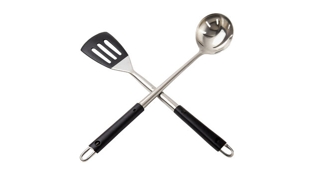 Crossed stainless steel kitchen utensils spatula and soup ladle isolated on transparent background