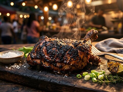 Steaming grilled jerk chicken leg on a wooden board at an outdoor 