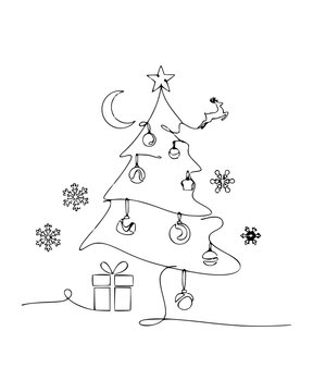 Continuous Line Christmas Tree with Ornaments, Moon, Reindeer and Gift