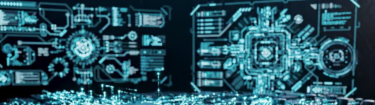 Artificial intelligence and data processing concept futuristic digital interface with glowing blue circuit board elements and holographic HUD screens.