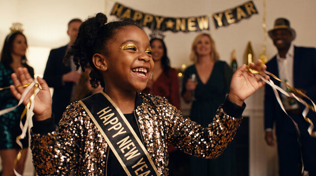 An excited young girl wearing a Happy New Year sash and golden face paint waves streamers at a lively party, perfect for greeting cards and promotional banners.