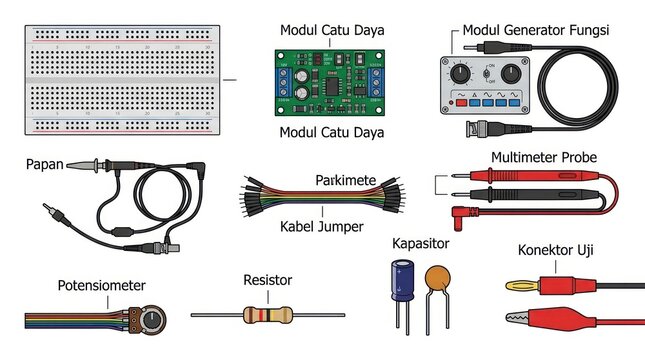 Professional Diagram of Electronics Lab Components Breadboard Function Generator Data Acquisition Module Probes and Passive Components