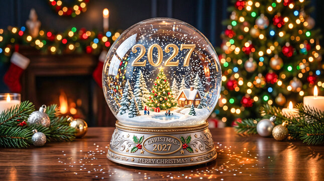Esfera de cristal navide&ntilde;a con paisaje nevado, luces c&aacute;lidas y 2027 en dorado, creando una escena m&aacute;gica para celebrar el A&ntilde;o Nuevo.