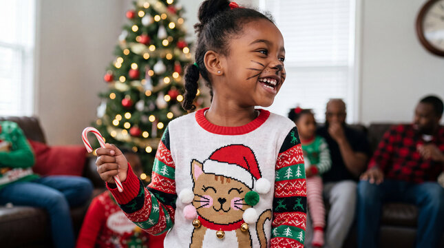 Joyful Black girl in a Christmas cat ugly sweater with whisker face paint laughs with a candy cane at a family party, great for cheerful Ugly Sweater Day holiday cards.