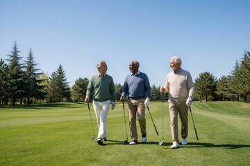 Obraz premium Three diverse senior men walk on green golf course field. Interracial elderly friends carry golf clubs, chat together. Happy retired males enjoy outdoor sport hobby under blue sky. Active seniors