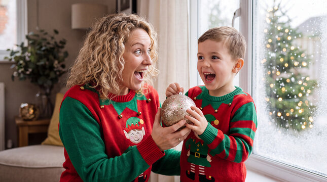 Surprised mother and son in matching elf ugly Christmas sweaters holding ornaments by window with Christmas tree for winter advertising and banner stock photo.