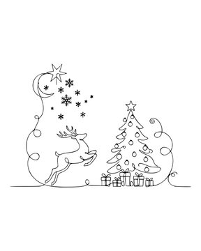 Continuous Line Leaping Reindeer with Christmas Tree Under Moon and Stars