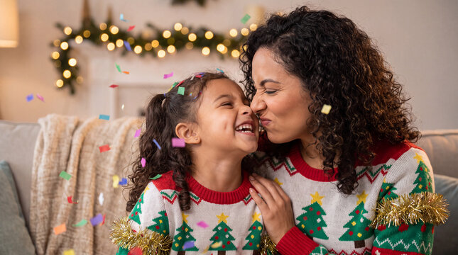 Whimsical mother and daughter in matching Christmas tree ugly sweaters squishing noses with confetti in living room for holiday social and flyer stock photo.
