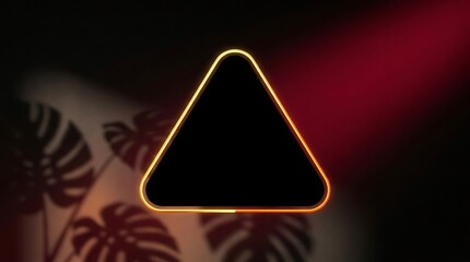 Glowing golden neon triangle frame with monstera leaf shadow on dark background © Creative Hub BD