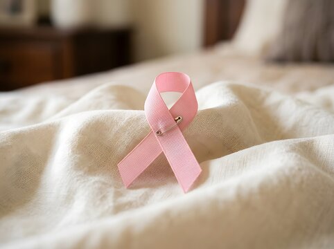 Pink breast cancer awareness ribbon pinned on soft beige fabric