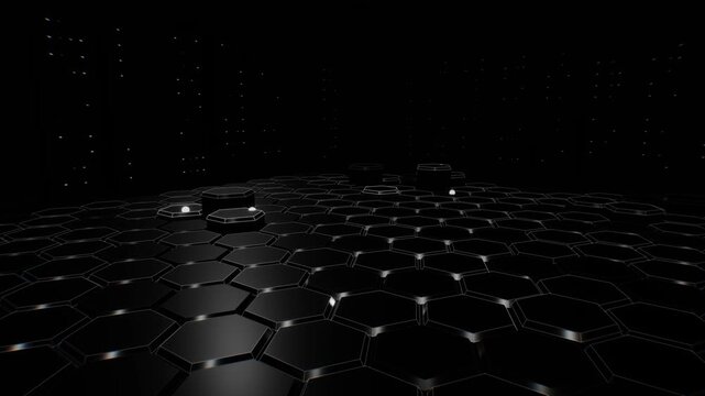 Minimalist black hexagonal grid blocks rise and lower as glowing white light spheres roll across the dark reflective surface in a 3D animation