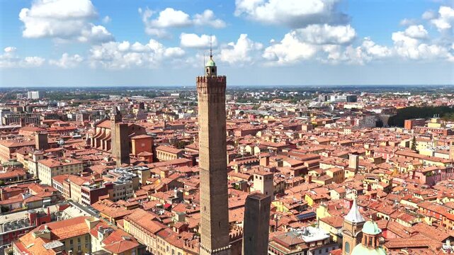 Bologna Italy Le Due Torri Two Towers Aerial Drone 4K