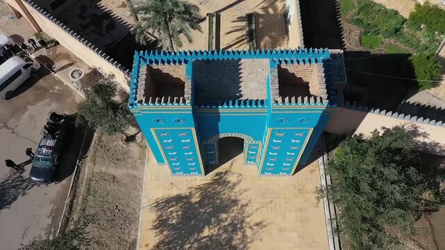 Top-down aerial view of the Ishtar Gate replica at the ancient city of Babylon, Iraq