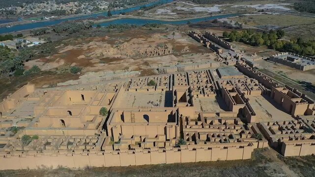 Drone flyover of the ruins of ancient Babylon, Iraq