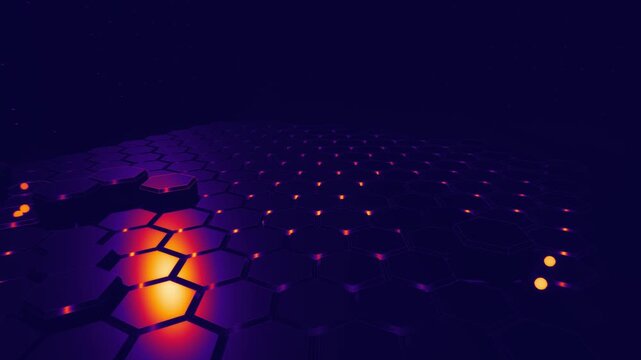 Abstract dark violet hexagonal tiles illuminate with radiant orange light streams and glowing energy nodes moving through an electronic cyber surface