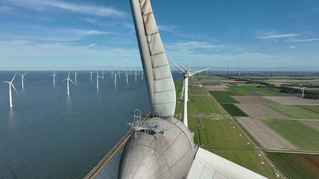 An aerial tour of Windpark Noordoostpolder, recorded from above the waters of the IJsselmeer in Flevoland, The Netherlands.