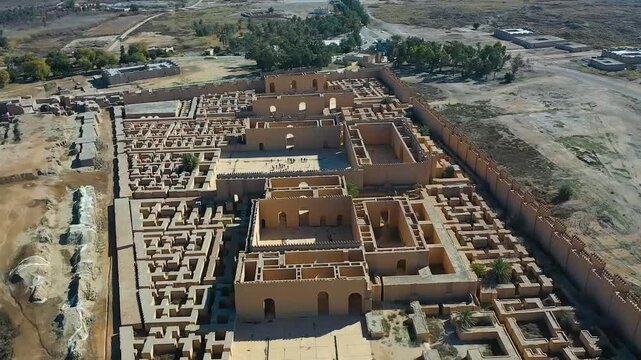 Aerial drone shot of the ruins of ancient Babylon, Iraq