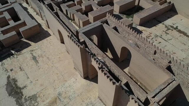 Slow aerial pan over the ruins of ancient Babylon, Iraq