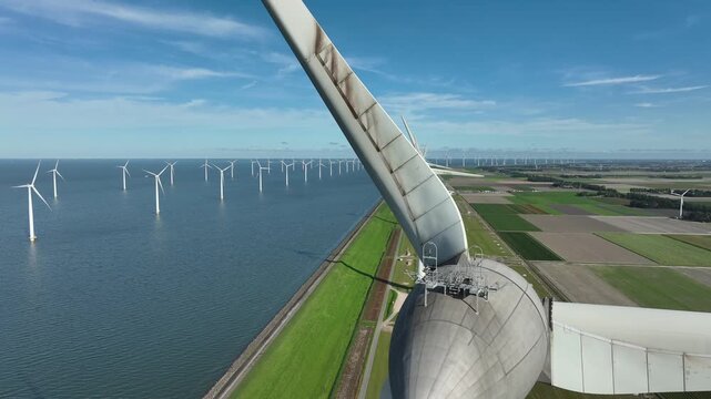 An aerial tour of Windpark Noordoostpolder, recorded from above the waters of the IJsselmeer in Flevoland, The Netherlands.