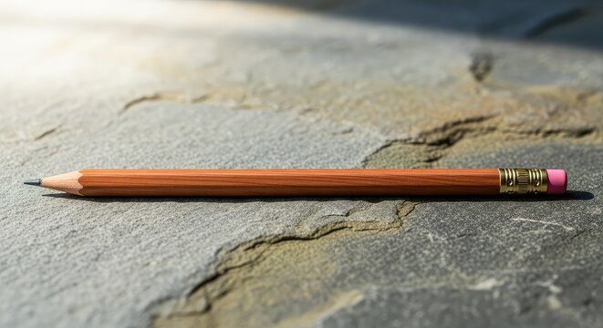 A classic wooden pencil lies on a rough stone surface, blending warm brown hues with cool gray textures under soft, diffused sunlight, granite, gray, warm