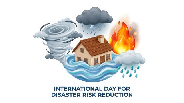 International day for disaster risk reduction concept with house surrounded by natural disasters