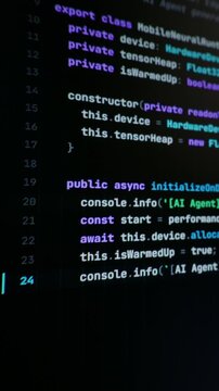 Mobile neural runtime script executes on dark monitor in vibe coding workflow. Neon syntax highlighting glows across code editor showing asynchronous tensor heap initialization.